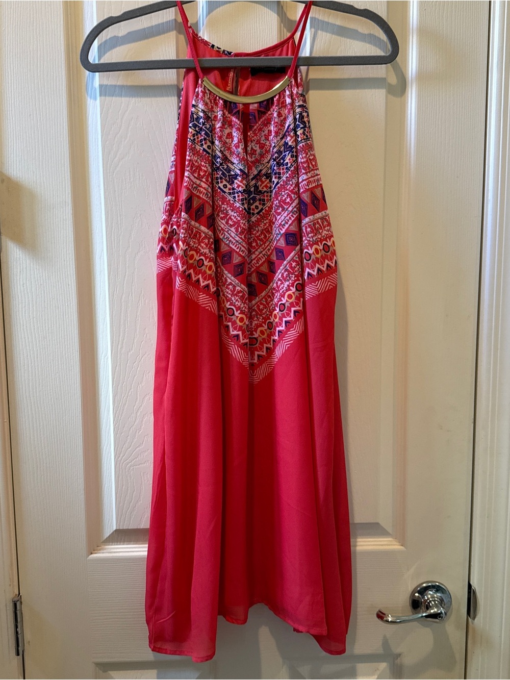 Love Reign | Coral Halter Dress with Tribal Yoke | Women’s XL